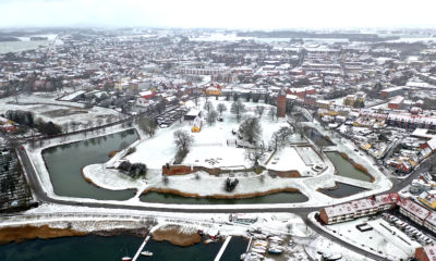 Vordingborg Castle, Slot, Slotsruinen, Voldgraven pakket i sne og snevejr