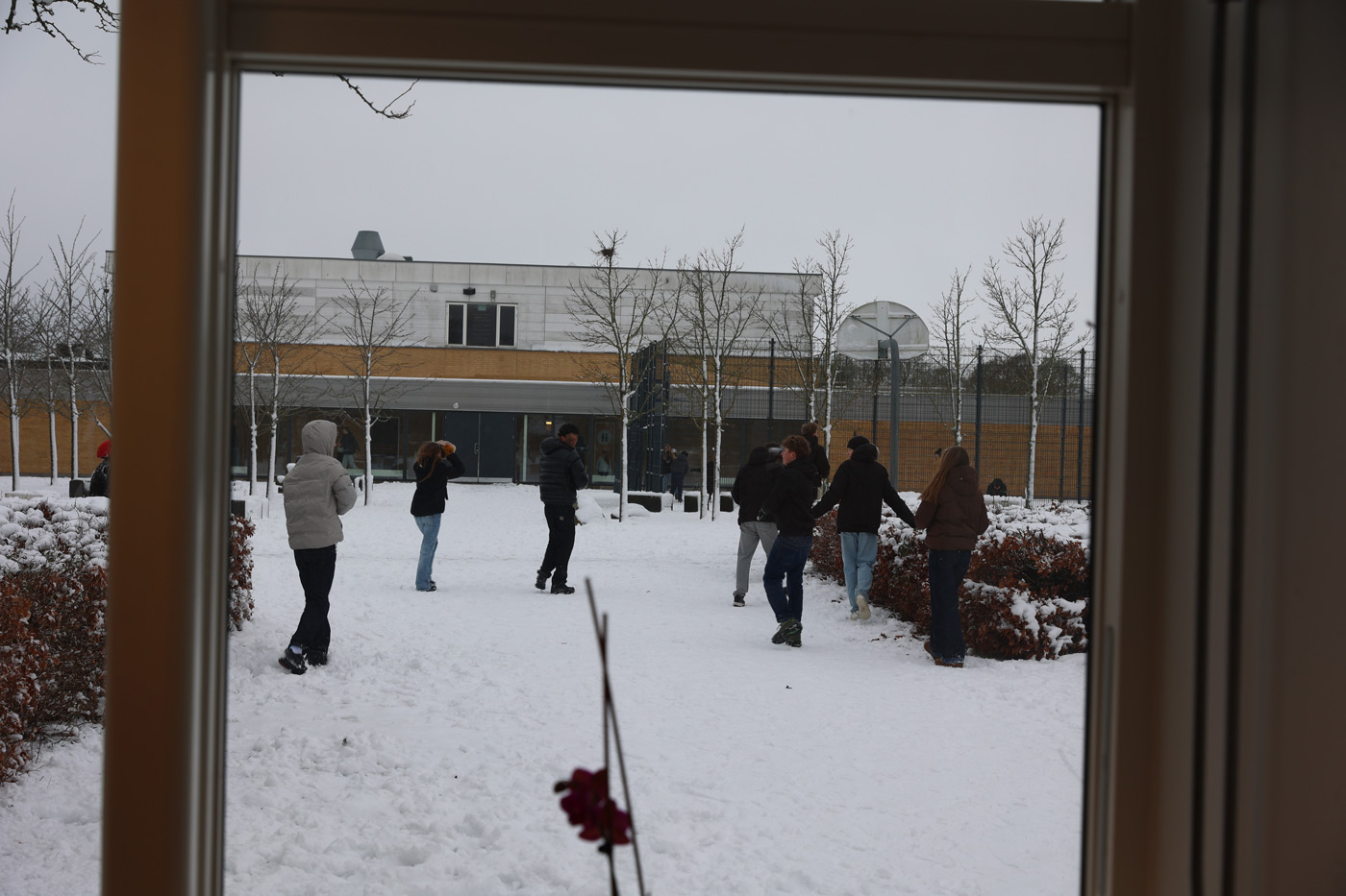 Udsigt til skolegården fra kontoret på Gåsetårnskolen